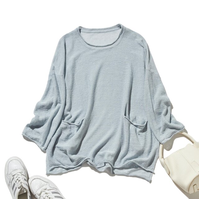 【特別価格】通年快適プルオーバー リネン100％　９分袖リネンニット　ライトブルー　250508-2