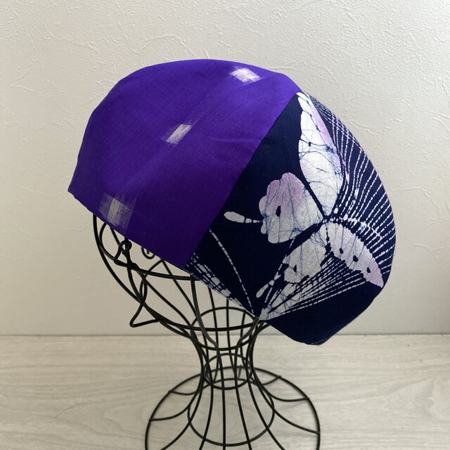 送料無料　着物リメイクのベレー帽（紫）