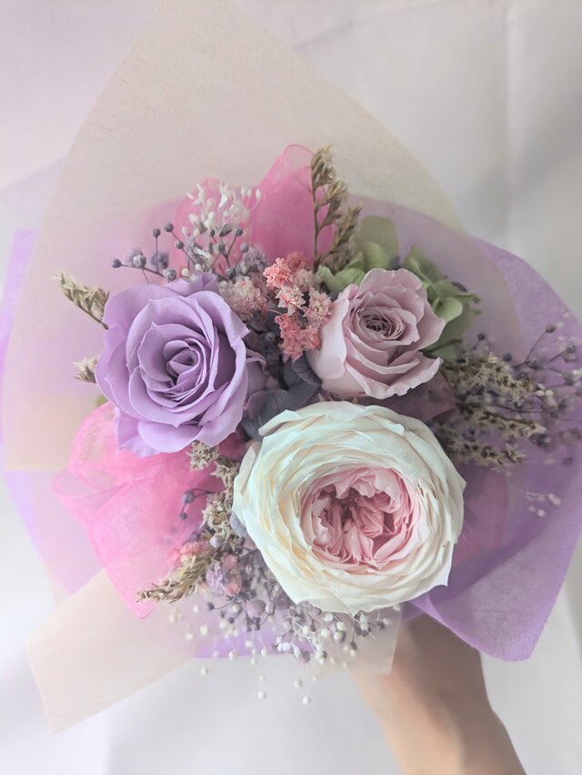 ピンク系　造花プリザーブドフラワー花束とブートニア ピンク系 造花プリザーブドフラワー花束とブートニア