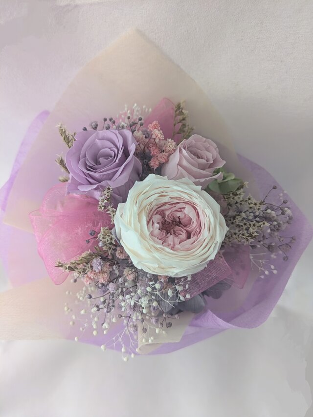 プリザーブドフラワー／パープルとピンクローズの小花のミニ花束