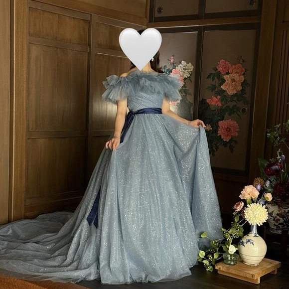 実例写真！カラードレス ブルー オフショルダー チュールスカート ベルト キラキラチュール 前撮り