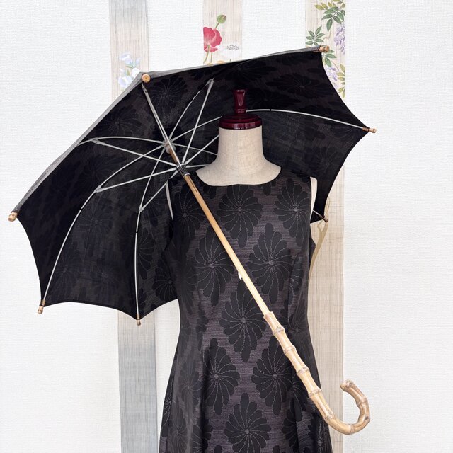 大島紬のプリンセスラインワンピース&日傘　海霧