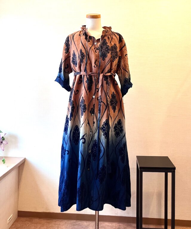 藍×柿渋染め　浴衣の2wayワンピース　