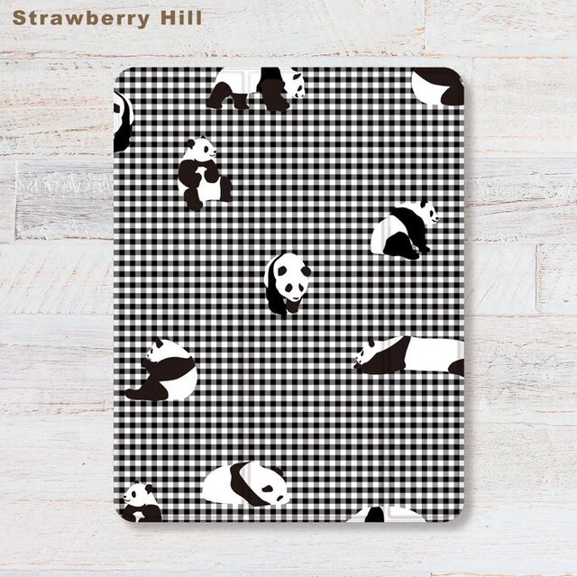 パンダ✖️ギンガムチェック iPadケース ペン収納 軽量 背面クリア あいぱっどけーす スタンド機能