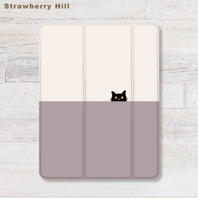 半分 だけ 顔 を出す 猫 イラスト iPadケース ペン収納 軽量 背面クリア あいぱっどけーす スタンド機能