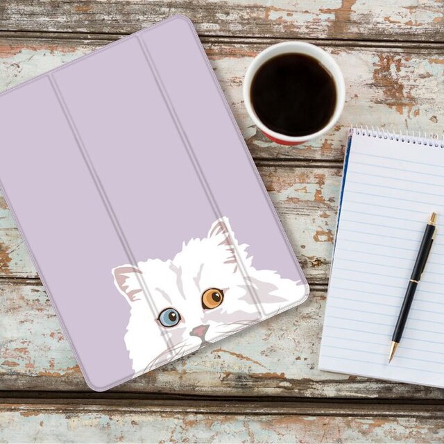 オッドアイ ロングヘア 白猫 iPadケース ペン収納 軽量 背面