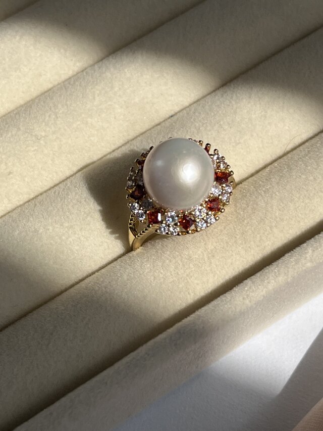 【華やぎの一粒】真珠 ×レッドストーン×ジルコニア｜ヴィンテージ風リング