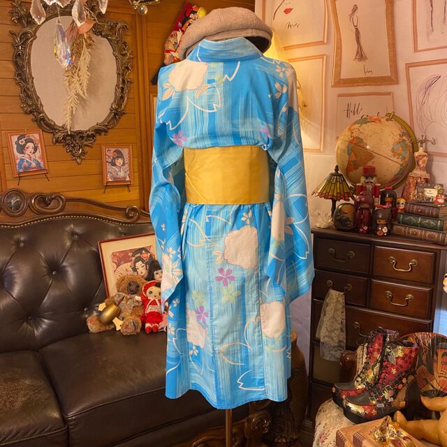 浴衣リメイク ミニミディ ワンピース ドレス 帯サッシュベルト