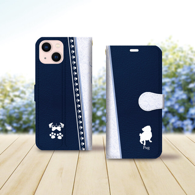 iPhone専用 手帳型スマホケース （カメラ穴あり/はめ込み式/スタンド機能付き）【アイラブ・パグ（ネイビー）】
