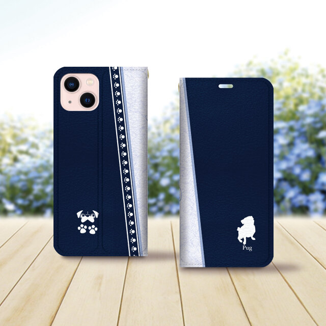 帯なし iPhone 手帳型スマホケース （カメラ穴あり/はめ込みタイプ）【アイラブ・パグ（ネイビー）】