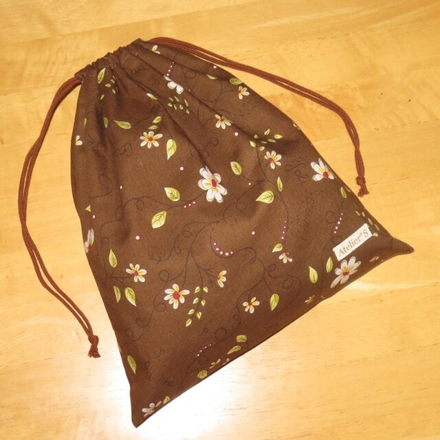 巾着★花柄（ブラウン）