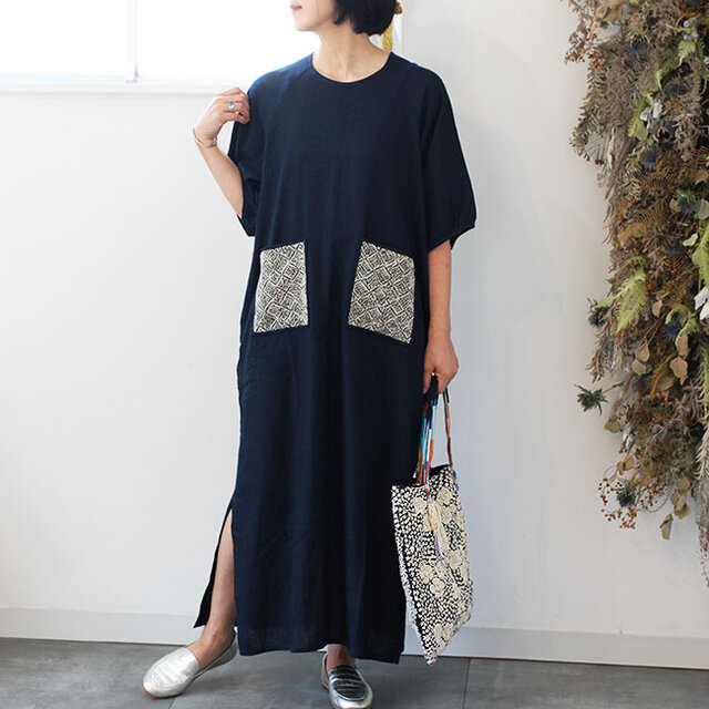 刺し子ポケットヘンプコットンワンピース【ネイビー】