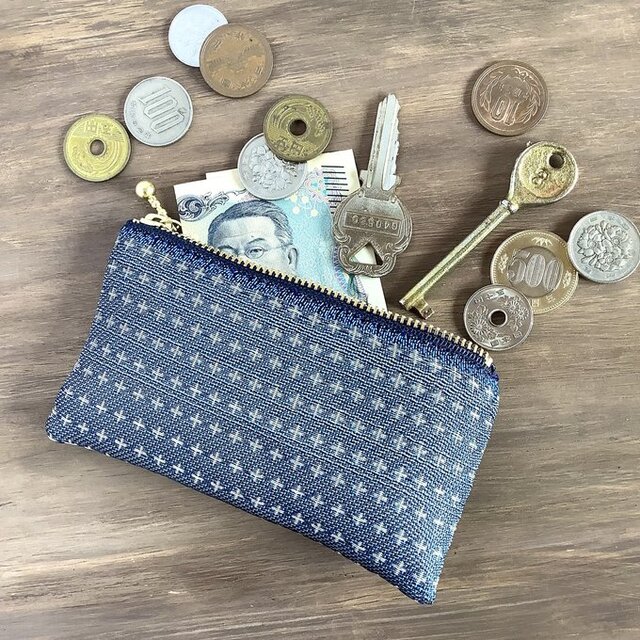 【十文字模様】畳縁　ぺたんこ　小銭入れ　ミニポーチ　カードケース　藍　青　北欧　クロス　プラス柄