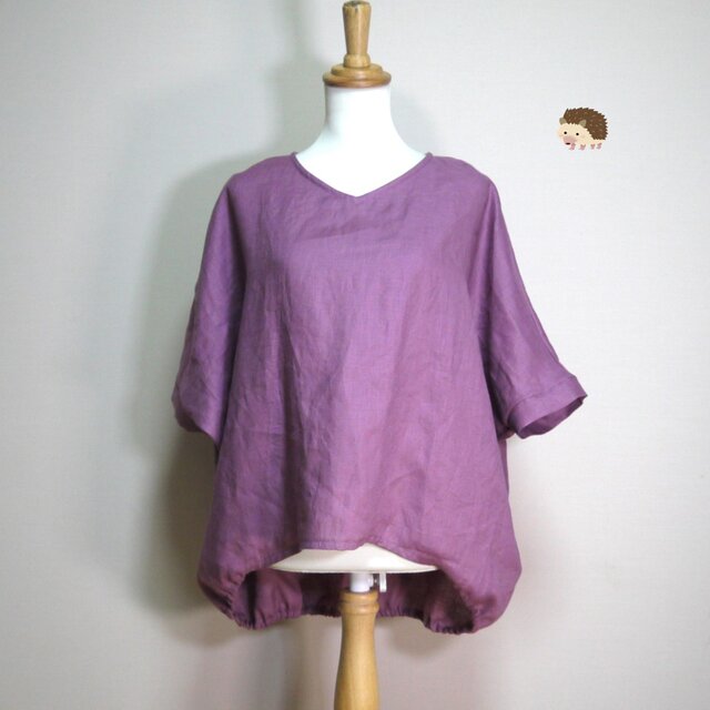 カラーリネン◆バルーンプルオーバー　Vネック◆ライトパープル◆フリーサイズ（中厚、リネン100％）