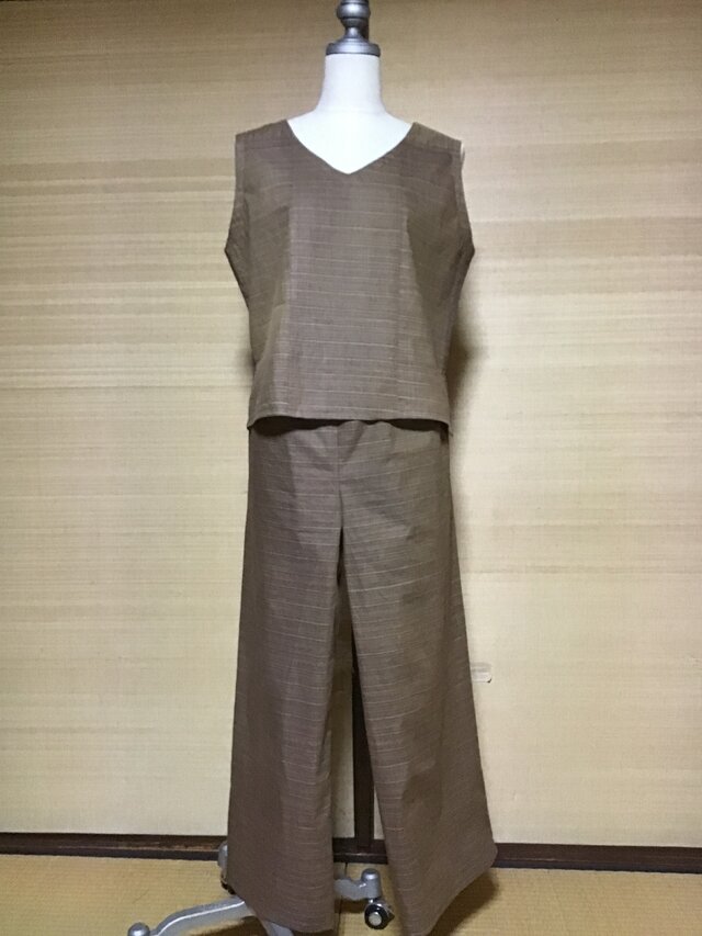 綿横縞柄トップス＆ワイドパンツ