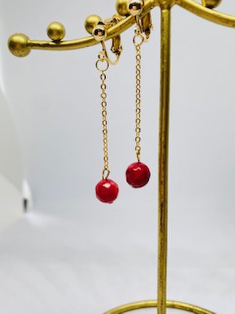 ３月誕生石!【イヤリング】チェーン・カット・赤珊瑚・ゴールド♪