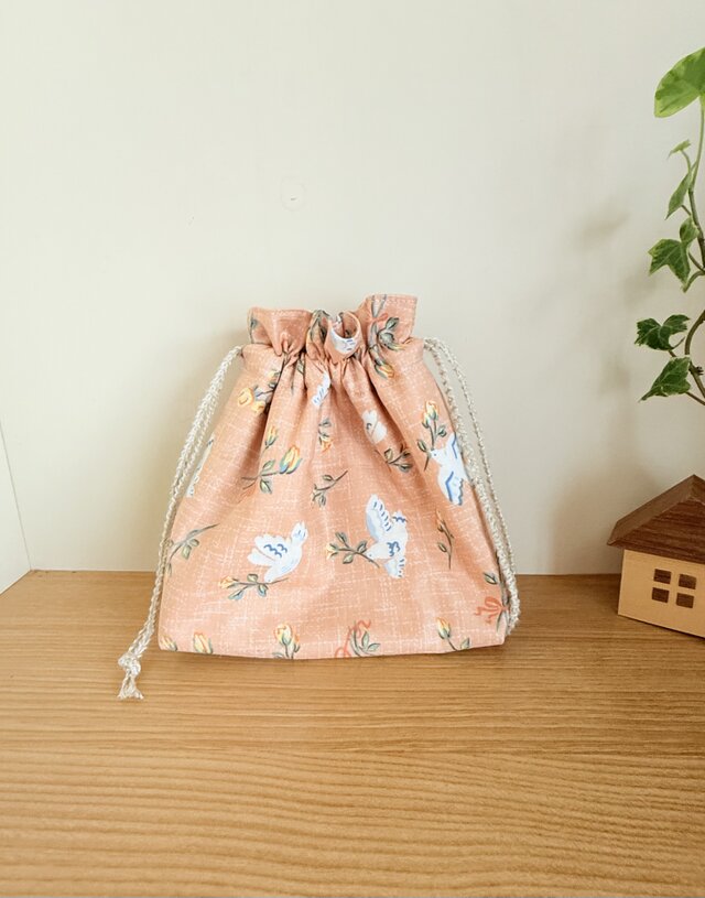 保温保冷シート付き巾着袋・大きめ（おにぎり、ドリンク入れに）デコレクションズ・小鳥