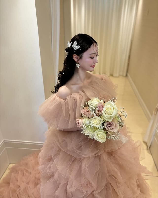実例写真！カラードレス ローズピンク 取り外しオフショルダー