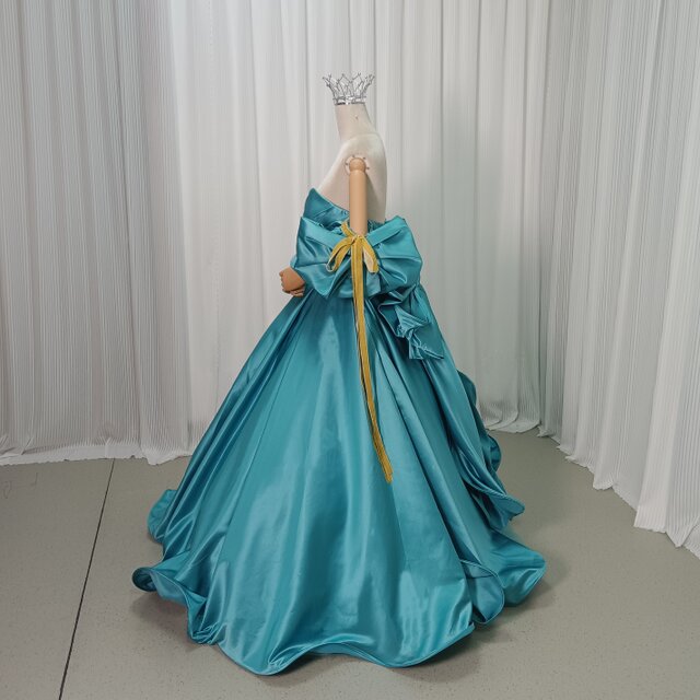 カラードレス ブルー ベアトップ 姫袖 ふっくら柔らかなバックリボン
