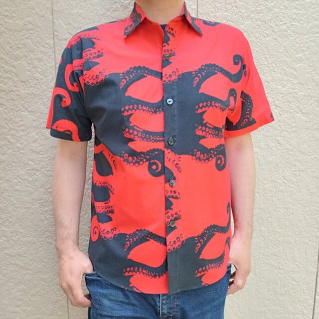 半袖蛸シャツ（騙し絵オクトパス）赤黒