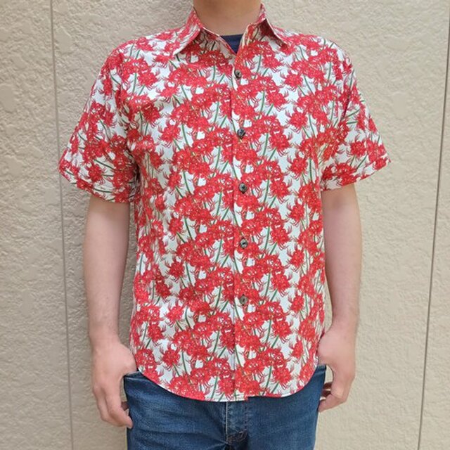 半袖和柄シャツ（彼岸花）
