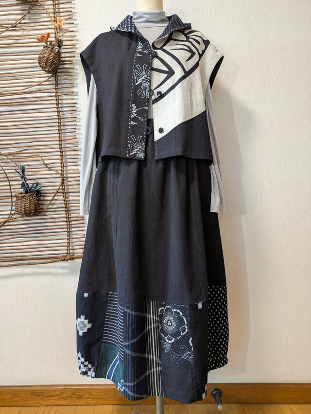 古布ベスト　着物リメイク 古布リメイク ミニフード フレンチ袖ゆったり幅ベスト（単衣） 型染