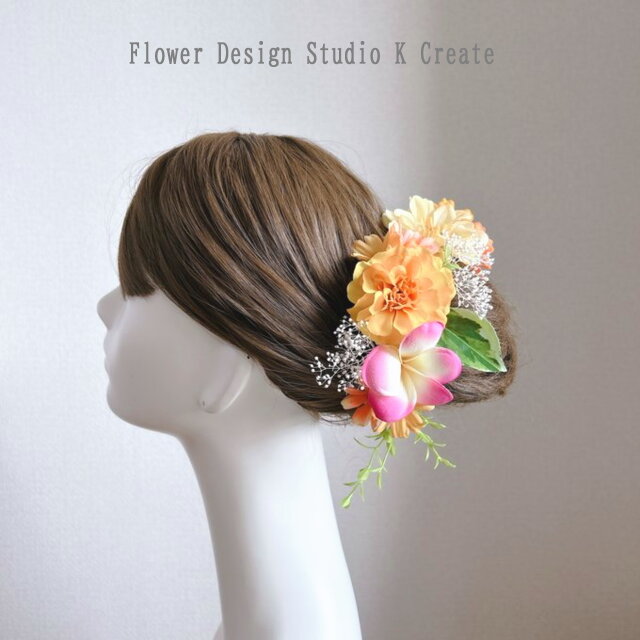 ウェディング♡プルメリアとマリーゴールドのヘッドドレス　オレンジ　イエロー　プルメリア　ピンク　リゾ婚　結婚式　ウェディング　