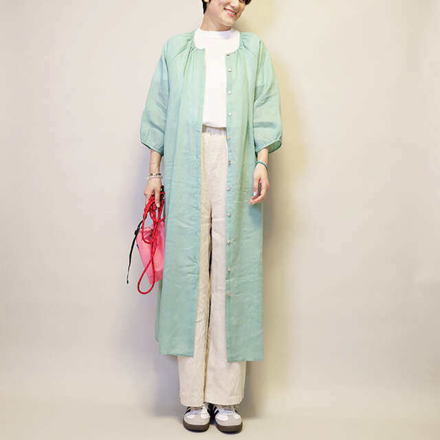 【新作】春夏秋〜羽織にも◎綿麻混紡ゆったりめギャザーシャツワンピース/アウター(グリーン)25023GRF