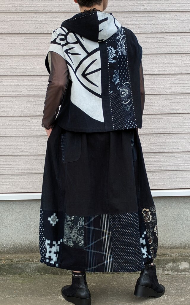 古布リメイク　総刺し子スカート 古布リメイク刺し子スカート 鯉のぼり