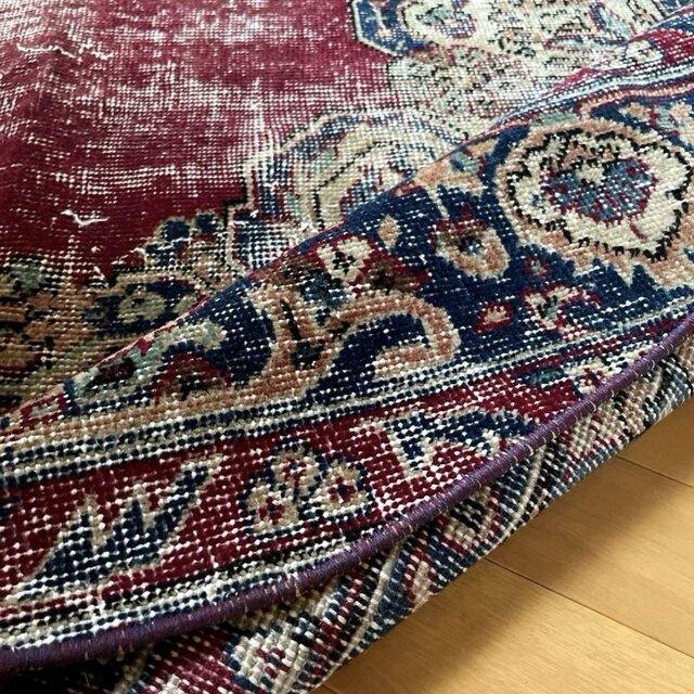 大判130×130ラウンドラグボルドー×ブルートルコヴィンテージラグ
