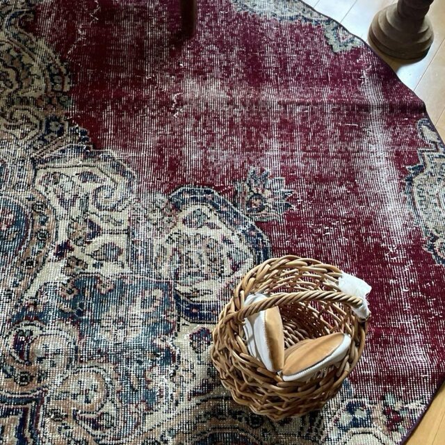 大判130×130ラウンドラグボルドー×ブルートルコヴィンテージラグ