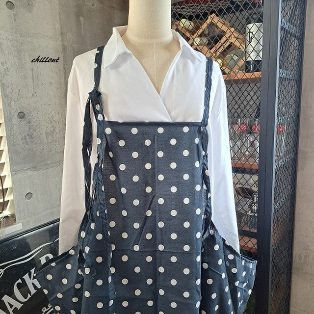 【背中がかわいい】エプロンドレス：ダークネイビー：ドット【0852】