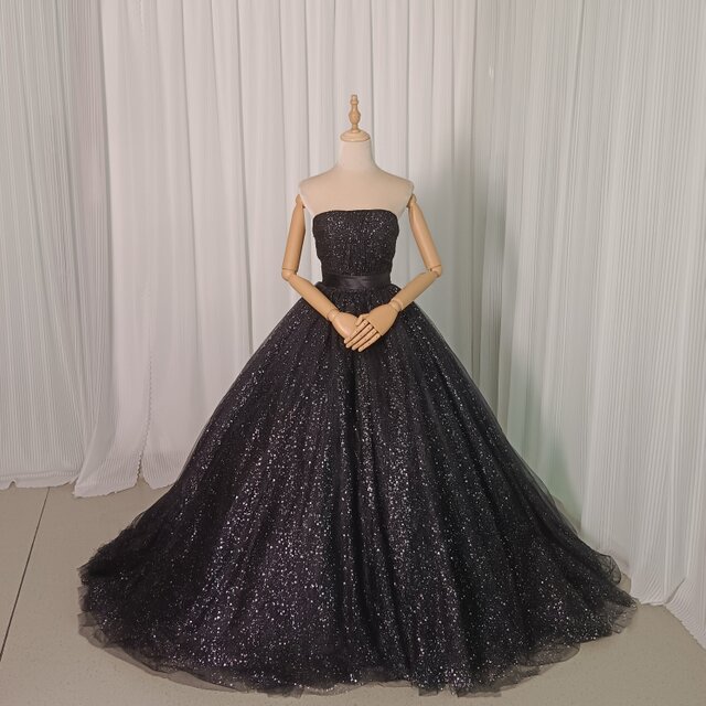 カラードレス ブラウン ベアトップ キラキラチュール プリンセスライン 編み上げ 演奏会/音楽会