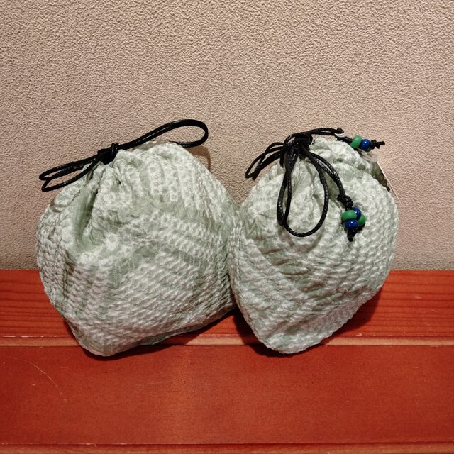 着物　絞りはまぐり巾着（ミニ）青・緑系