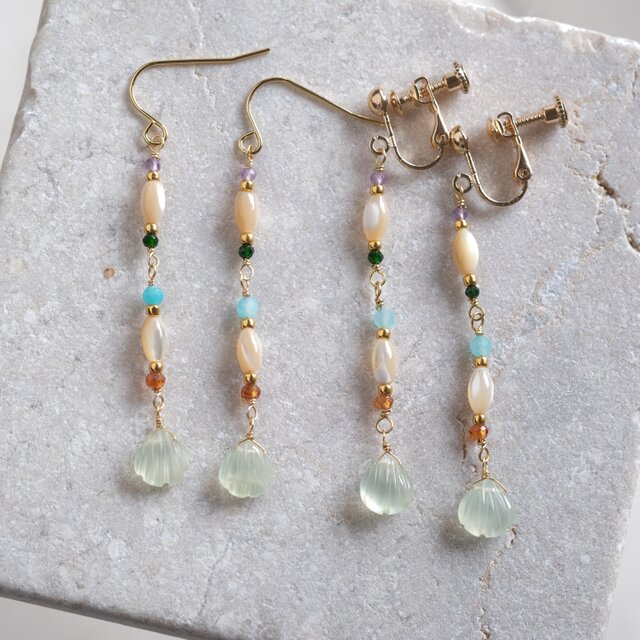 shell stone earring：天然石プレナイト マザーオブパール