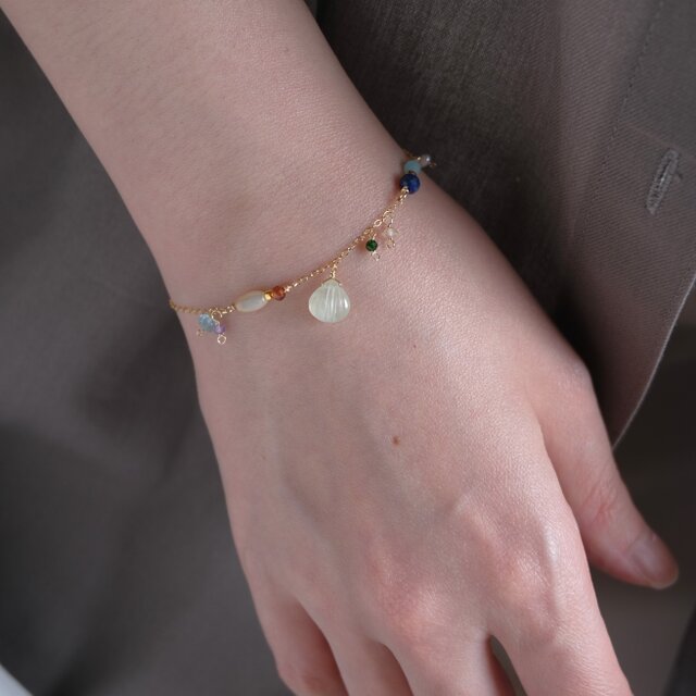 shell stone bracelet：天然石プレナイト マザーオブパール アメジスト