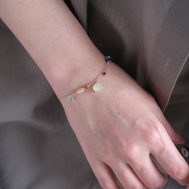 shell stone bracelet：天然石プレナイト マザーオブパール アメジスト