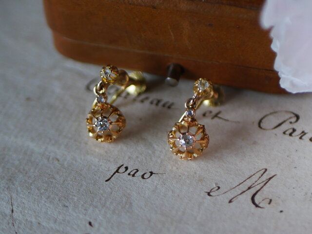 FE-15 】フランスアンティーク K18 ダイヤモンド イヤリング
