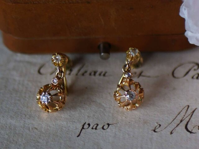 FE-15 】フランスアンティーク K18 ダイヤモンド イヤリング