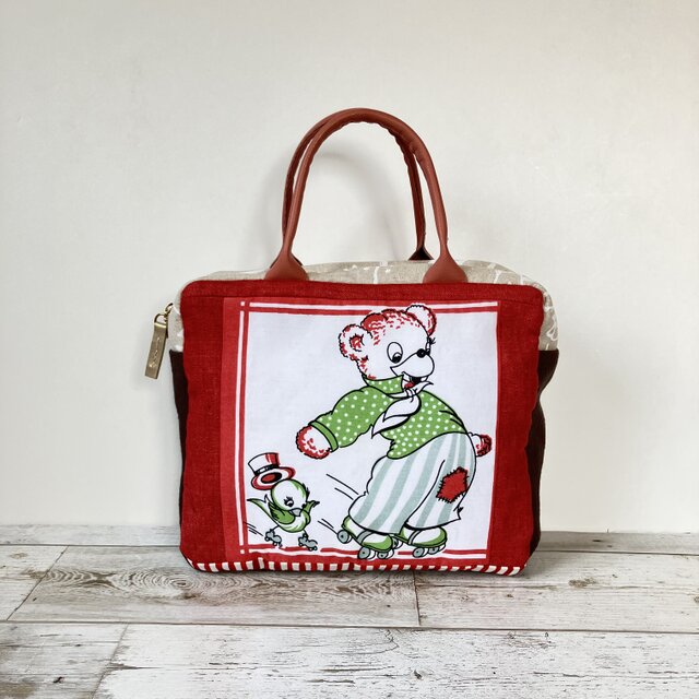 小さなボストンバッグ　テディベアと小鳥