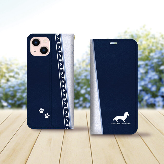 帯なし iPhone 手帳型スマホケース （カメラ穴あり/はめ込みタイプ）【アイラブ・ミニチュアダックス（ネイビー）】