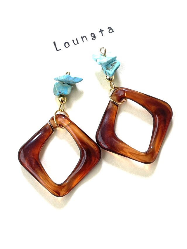 ターコイズピアス ターコイズ ブルー べっ甲ピアス 大ぶりピアス ブラウン 夏ピアス 樹脂ピアス