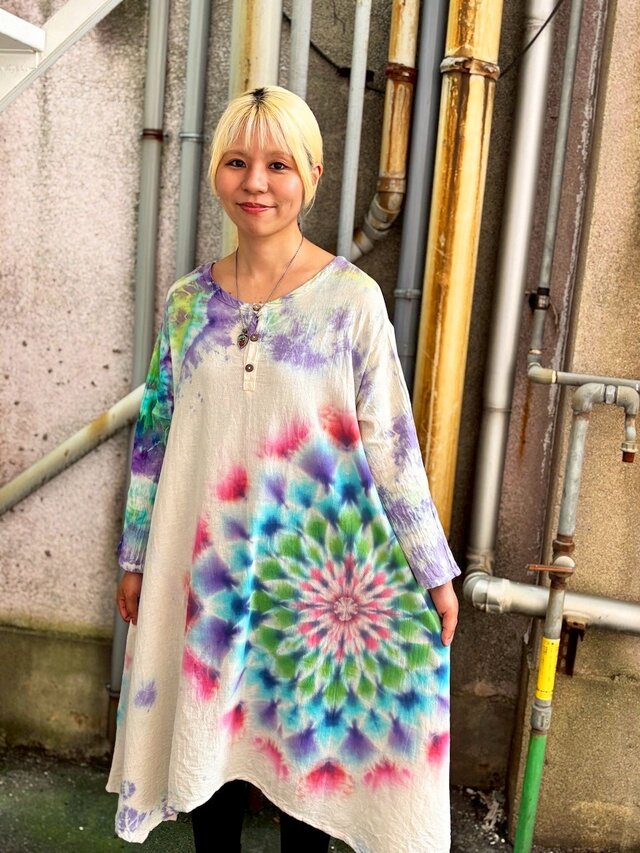 タイダイ ヘンリーネック 長袖 ワンピース 幻想的な大曼荼羅 HD24-13