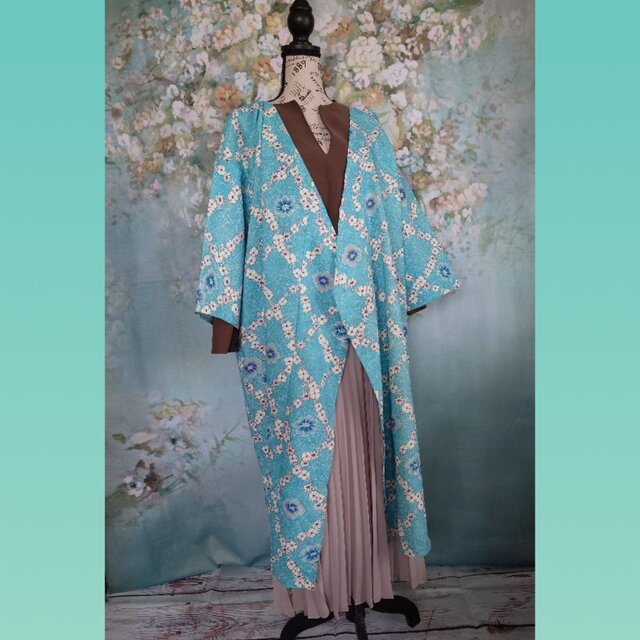 d67 カシュクールガウン 幅広リボン付き ロング 着物リメイク ブルー