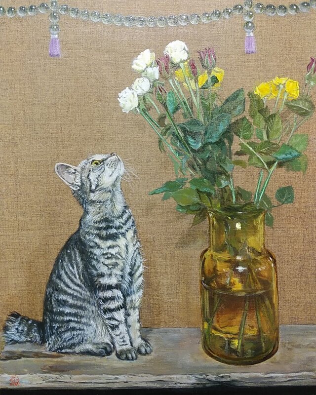 油絵「薔薇と猫」