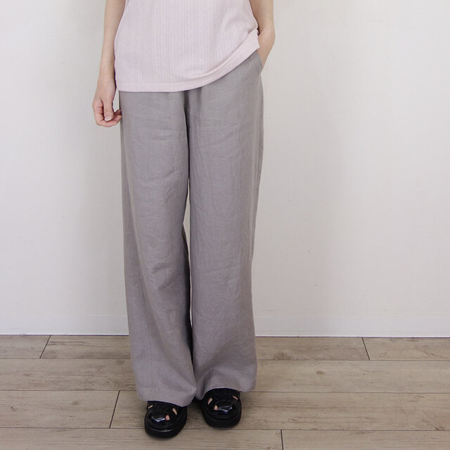 [予約販売] ヨーロッパグレージュリネン・ラインきれいなワイドパンツ（セットアップ可）