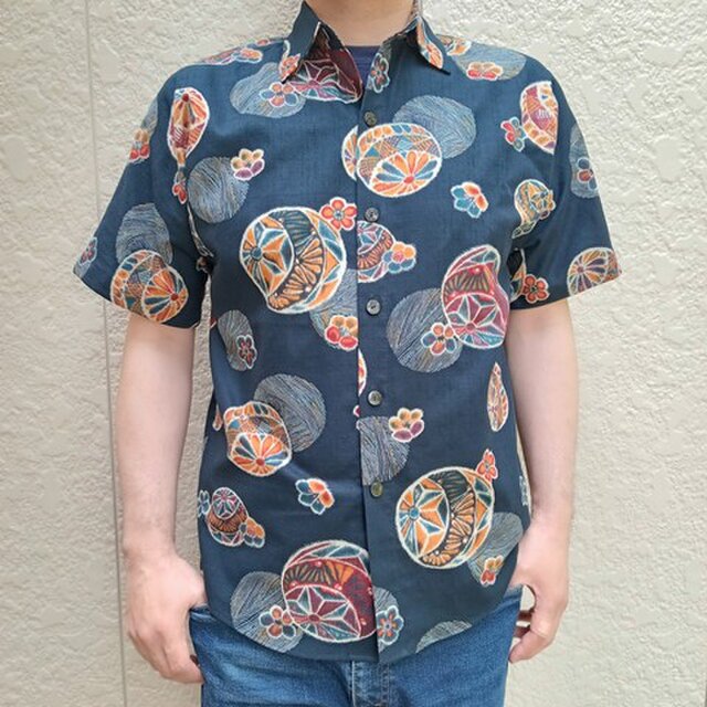 半袖和柄シャツ（銘仙手毬文様）