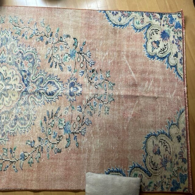 大判132×256 ピーチピンク×ブルー　メダリオン　トルコヴィンテージラグ 大判132×256 ピーチピンク×ブルー メダリオン トルコヴィンテージラグ
