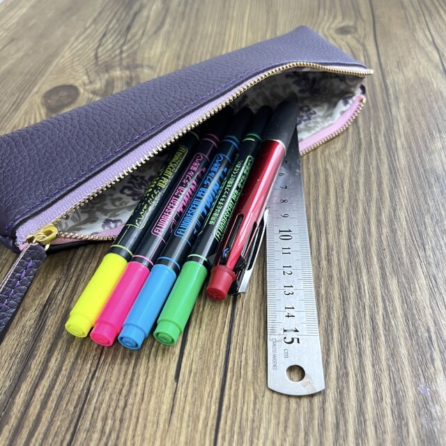 牛革×ダマスク柄 ペンケース パープル バイオレットカラー スミレ色