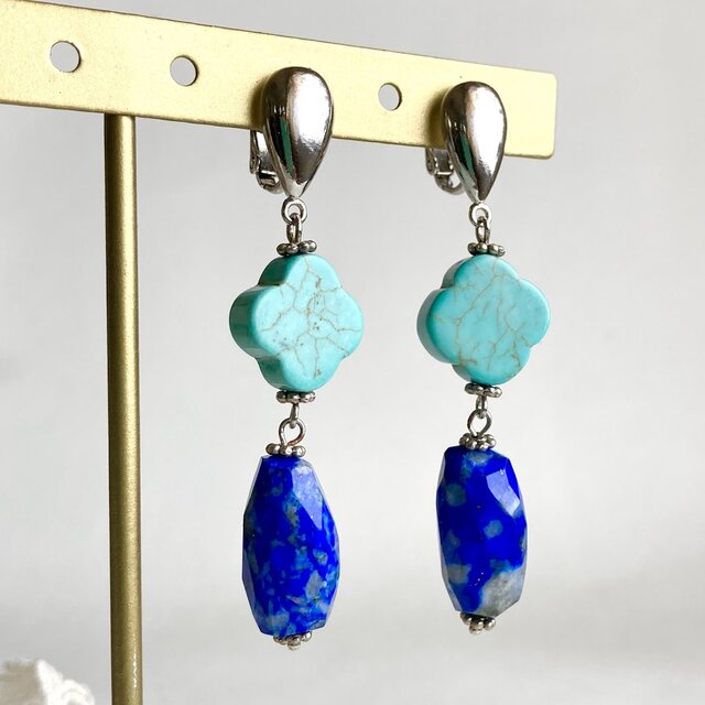 大粒ラピスラズリとマグネサイトターコイズのイヤリング
